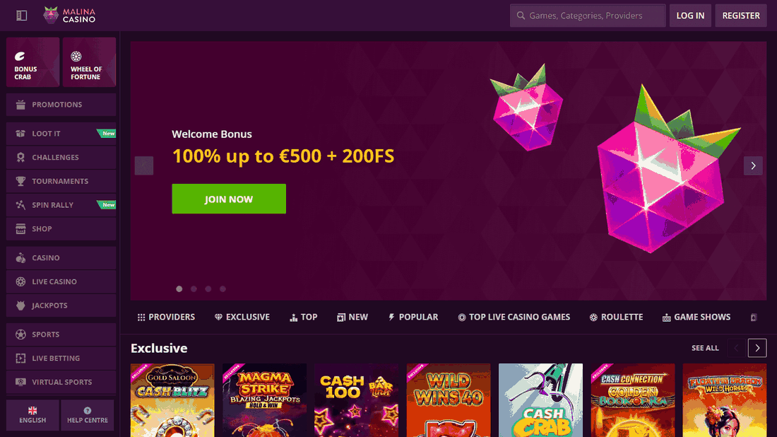 Malina Casino homepage