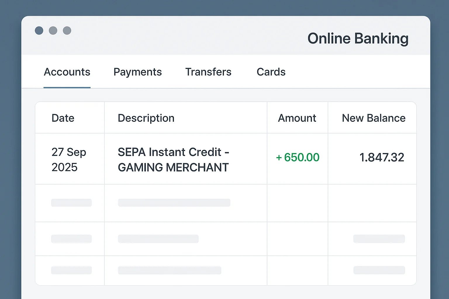 SEPA Payment Received Bank statement showing incoming SEPA credit