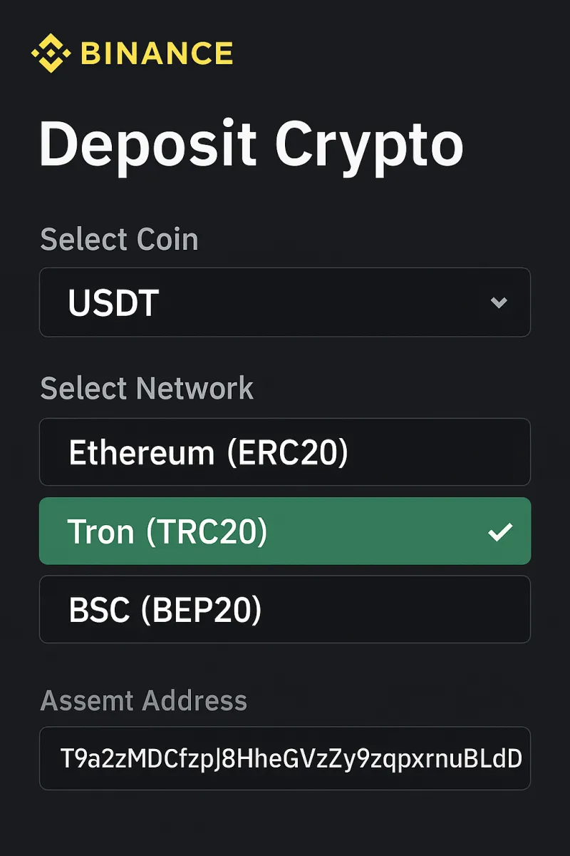 Binance deposit screen showing TRC-20 network option selected for USDT