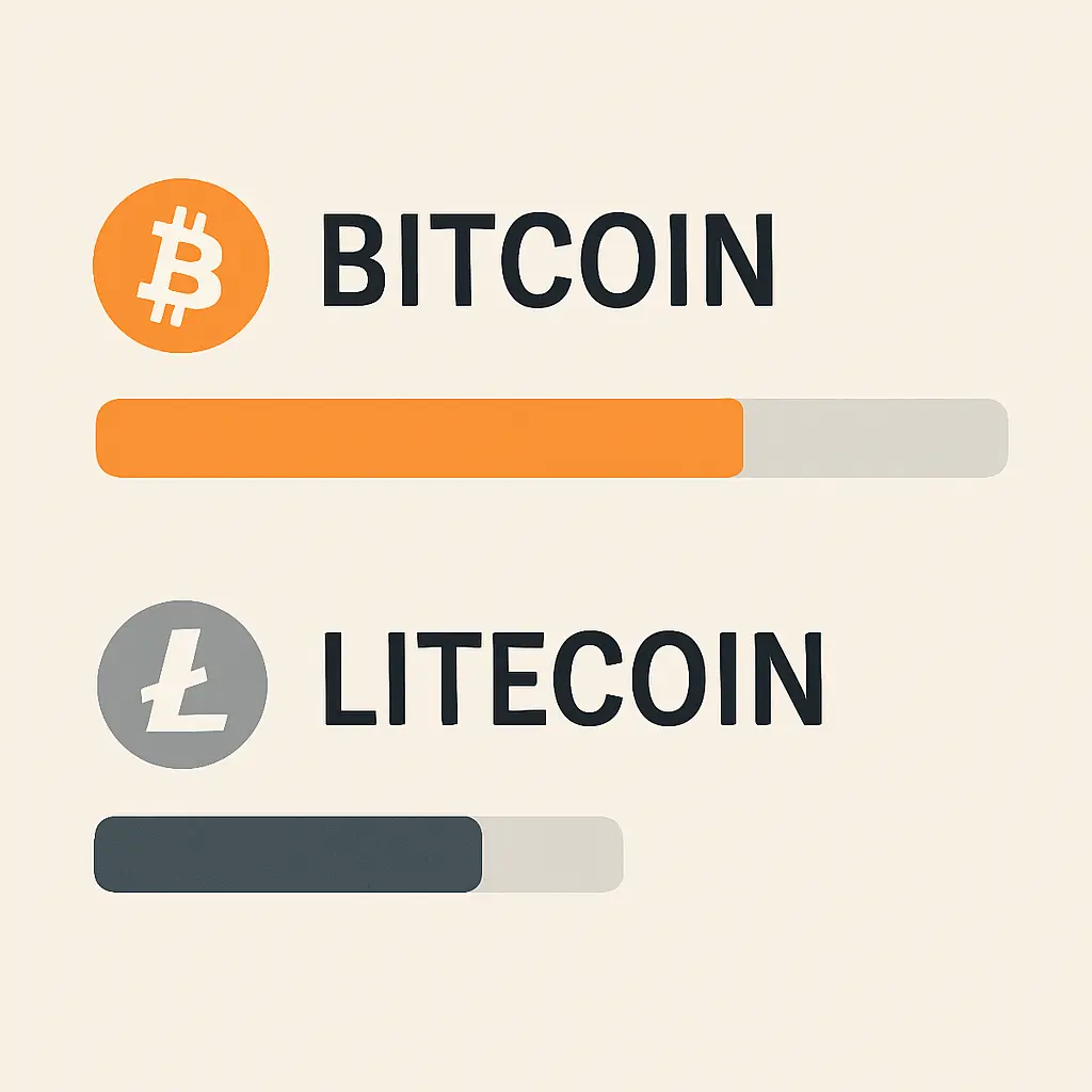 Visual comparison of Bitcoin and Litecoin transaction speed showing Bitcoin slower with 70% progress vs Litecoin faster with 40% progress
