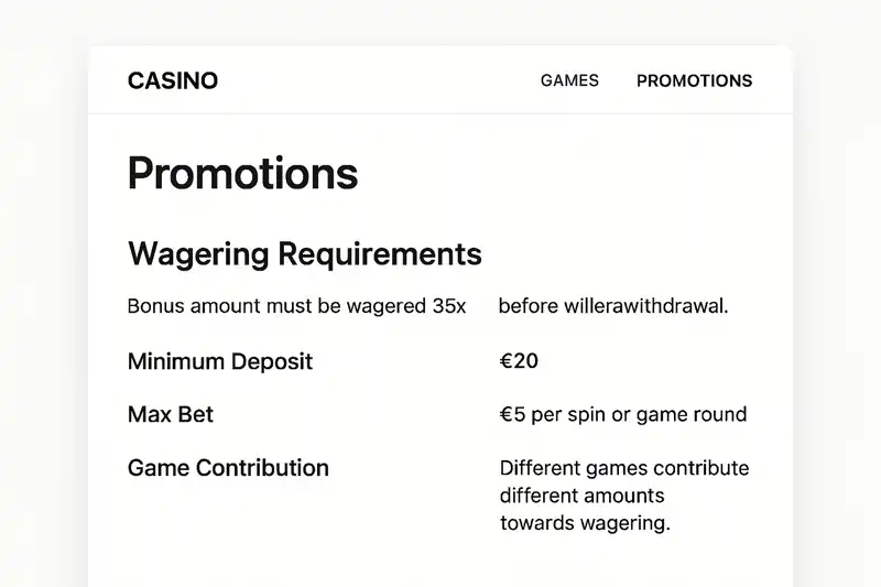 Casino bonus terms showing 35x wagering requirement and game contribution rules
