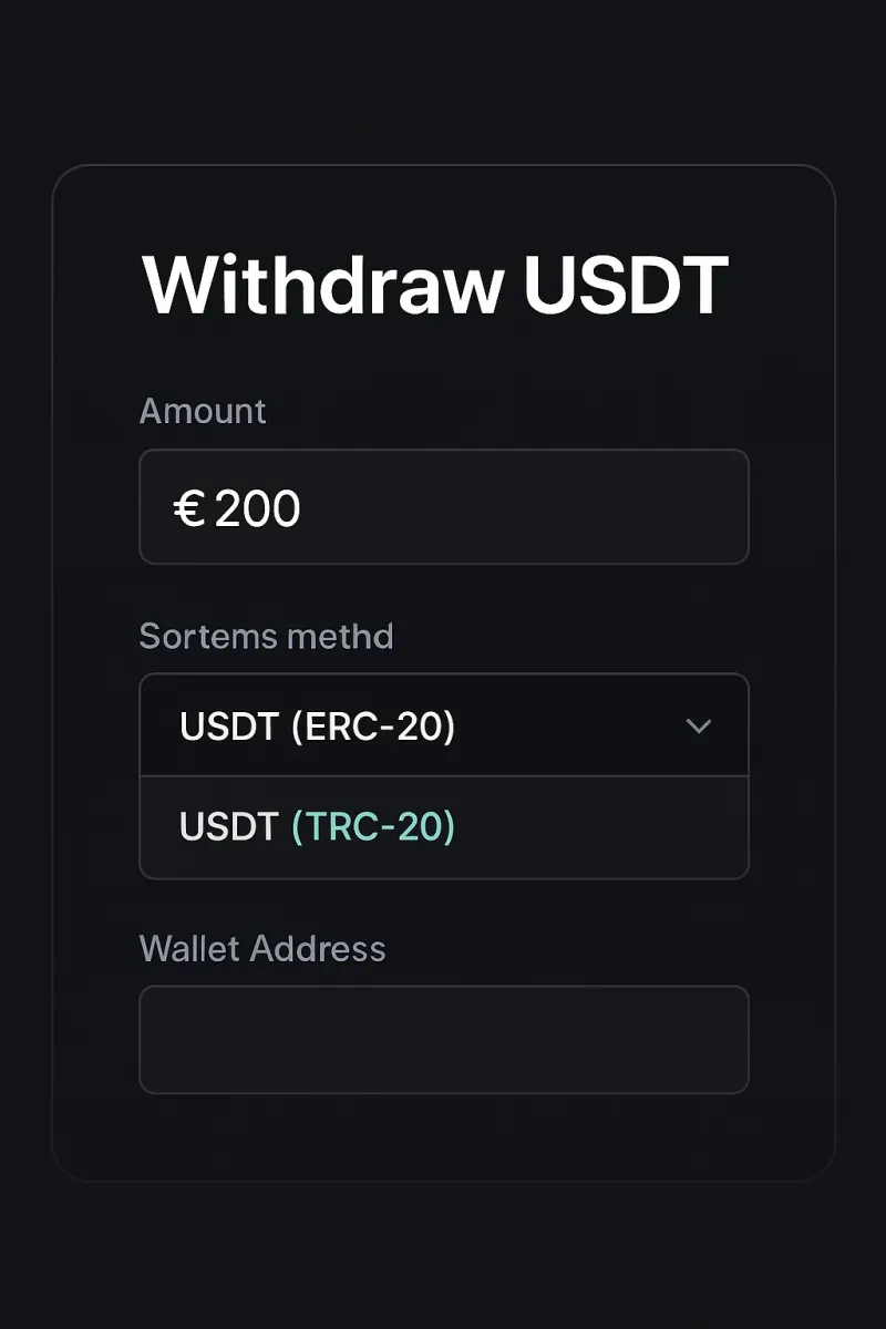 Casino withdrawal page highlighting the dropdown menu to select between ERC-20 and TRC-20