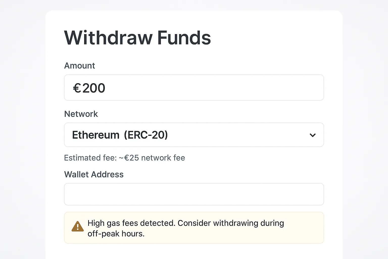 Casino withdrawal screen showing €200 withdrawal with estimated €25 Ethereum network fee