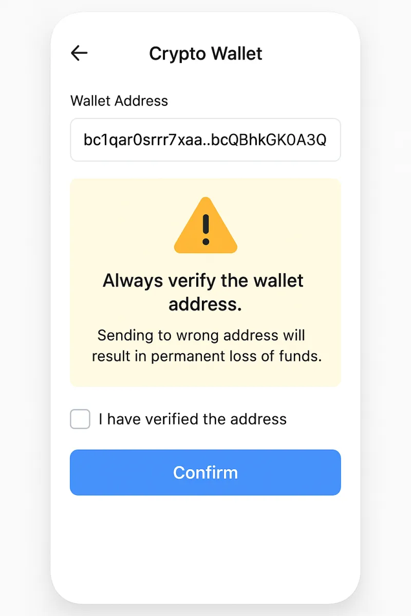 Crypto Wallet Address Warning Warning message in a crypto wallet about sending to the correct address and network