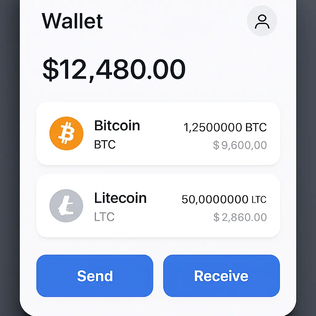 Cryptocurrency wallet showing Bitcoin and Litecoin balances with their respective values