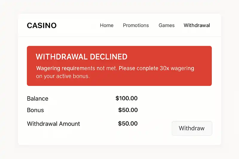 Casino withdrawal declined due to incomplete wagering requirements