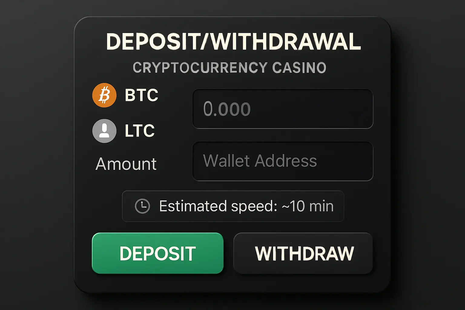 Casino cryptocurrency deposit/withdrawal interface showing BTC and LTC options with wallet address field and estimated 10-minute speed