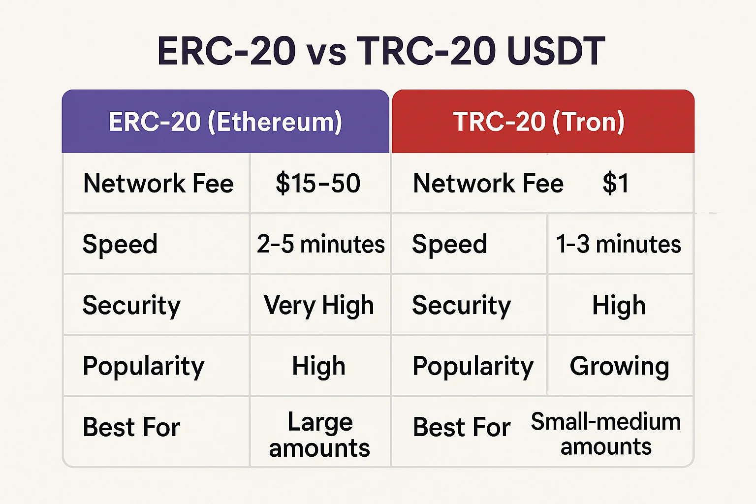 ERC-20 vs TRC-20 Comparison Side-by-side comparison chart showing ERC-20 vs TRC-20 fees, speed, and cost savings