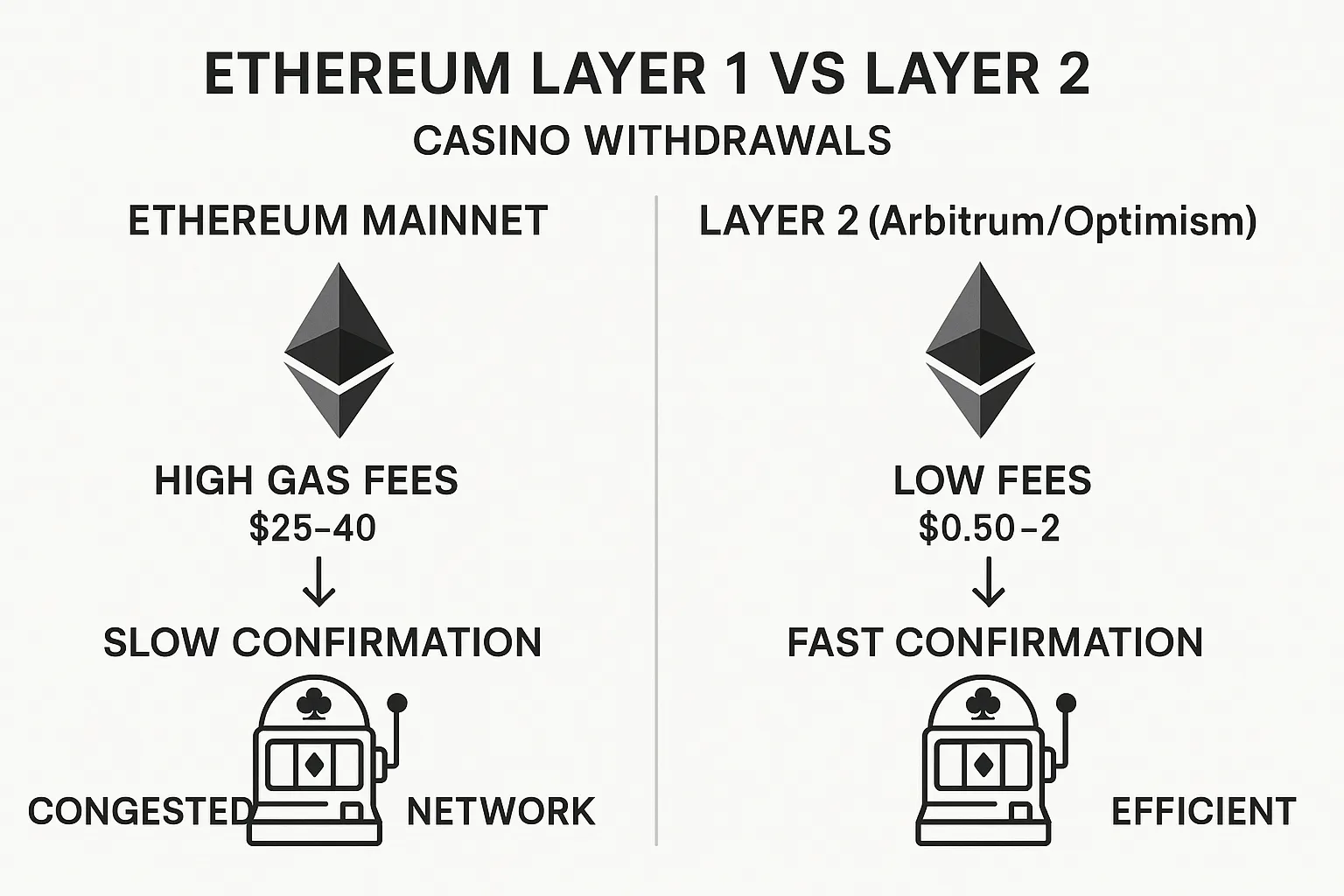 Comparison chart showing Ethereum Layer 1 vs Layer 2 withdrawal costs and speeds