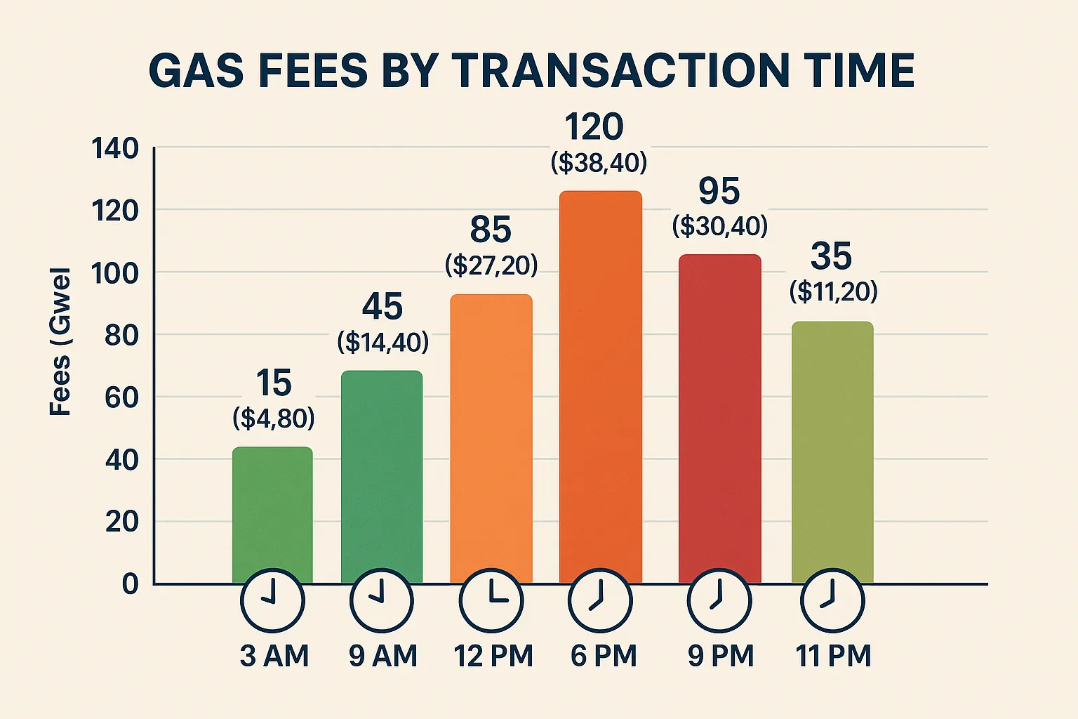 Bar chart showing gas fees by transaction time throughout the day, with lowest fees at 3 AM and highest at 6 PM