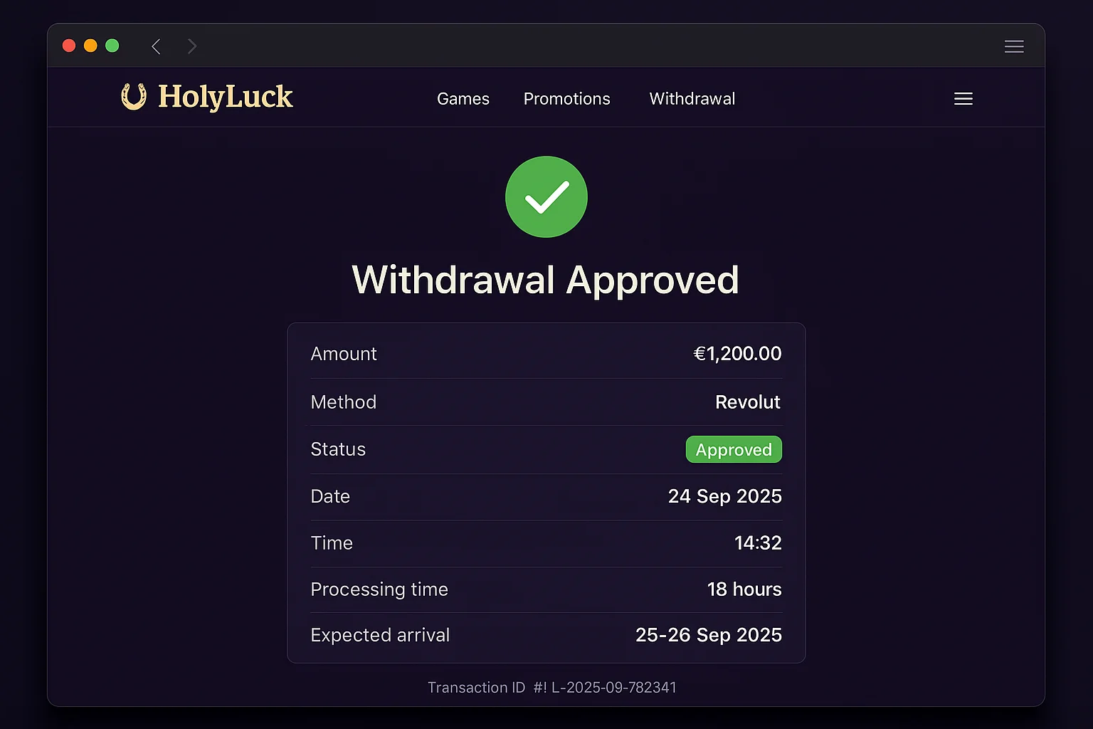HolyLuck Casino withdrawal approved screen showing €1,200 to Revolut
