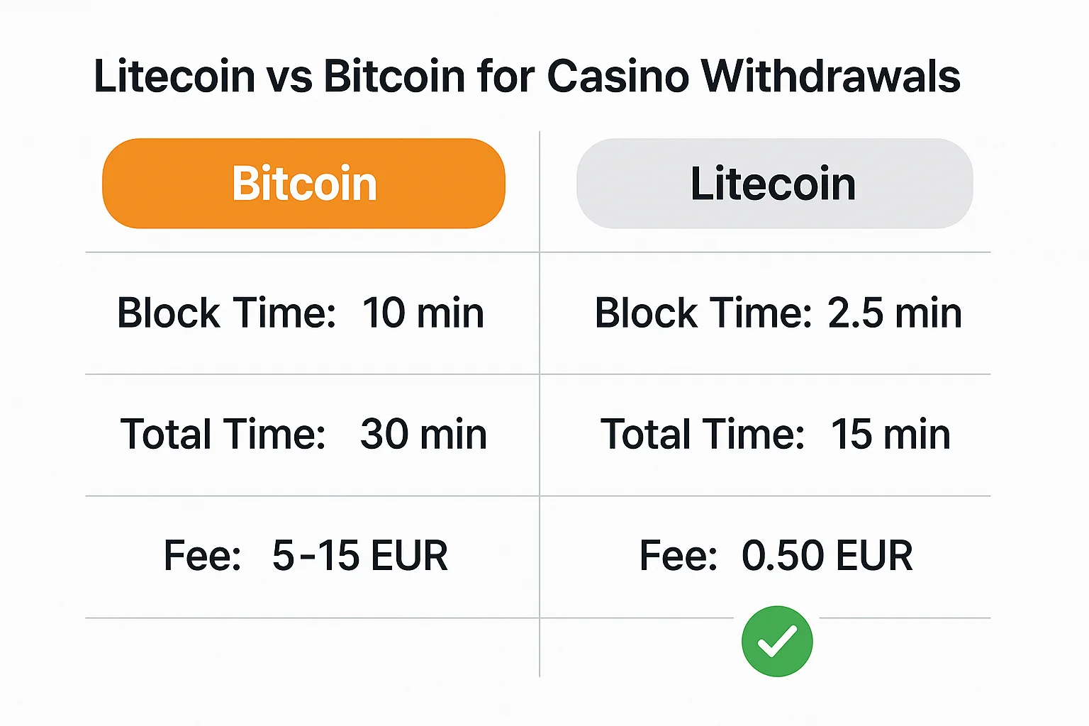 Litecoin vs Bitcoin Fees Comparison showing Litecoin's lower fees and faster confirmation times versus Bitcoin