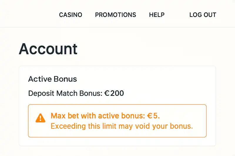 Casino account showing max bet warning with active bonus