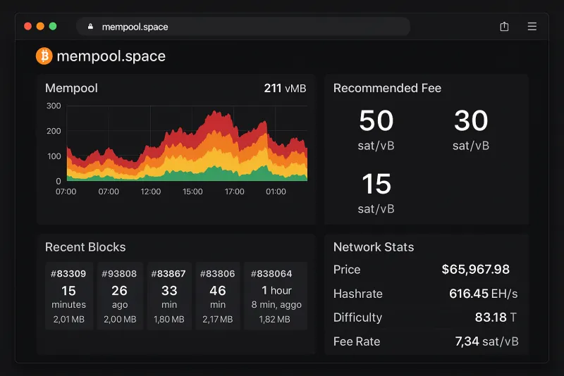 Mempool.space Dashboard Dashboard of mempool.space showing Bitcoin network status