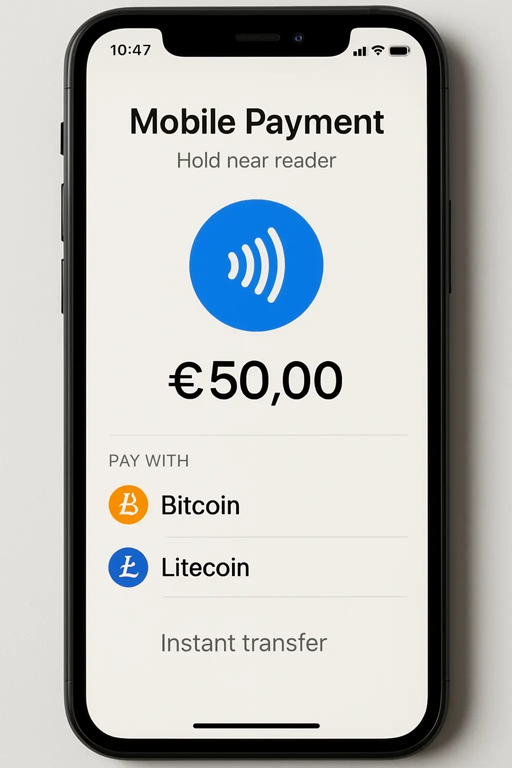 Mobile payment screen showing Bitcoin and Litecoin as payment options for €50 transaction with instant transfer capability