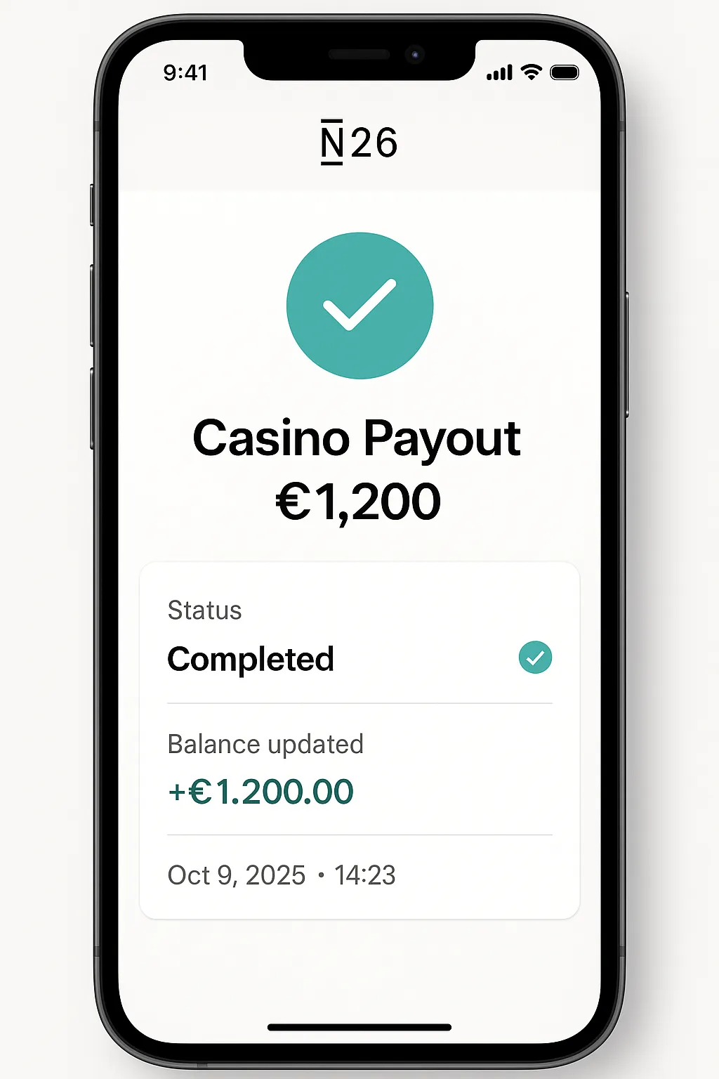 Screenshot of N26 app showing €1,200 casino payout completed successfully