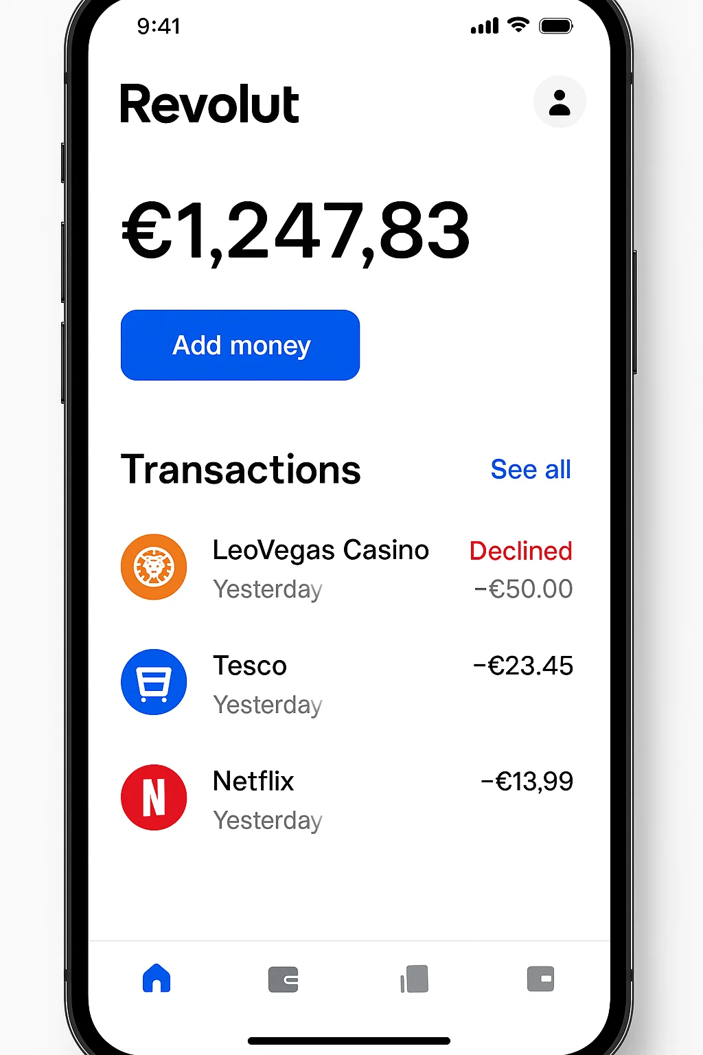 Revolut App Interface Revolut app home screen showing account balance and recent transactions