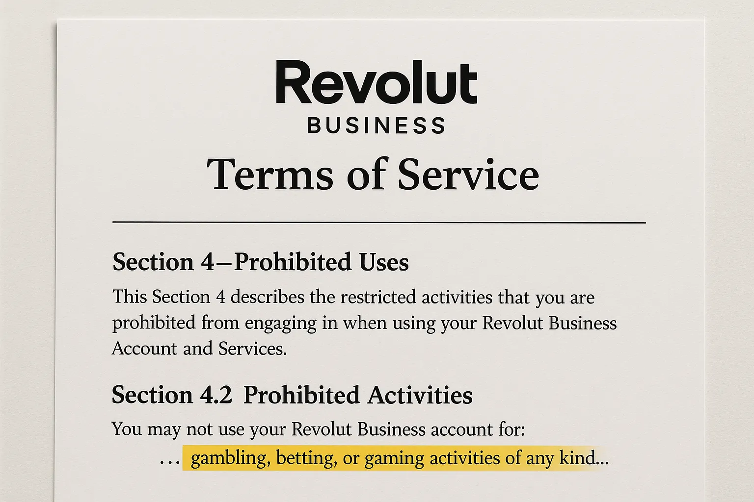 Screenshot of Revolut Business Terms of Service highlighting gambling prohibition