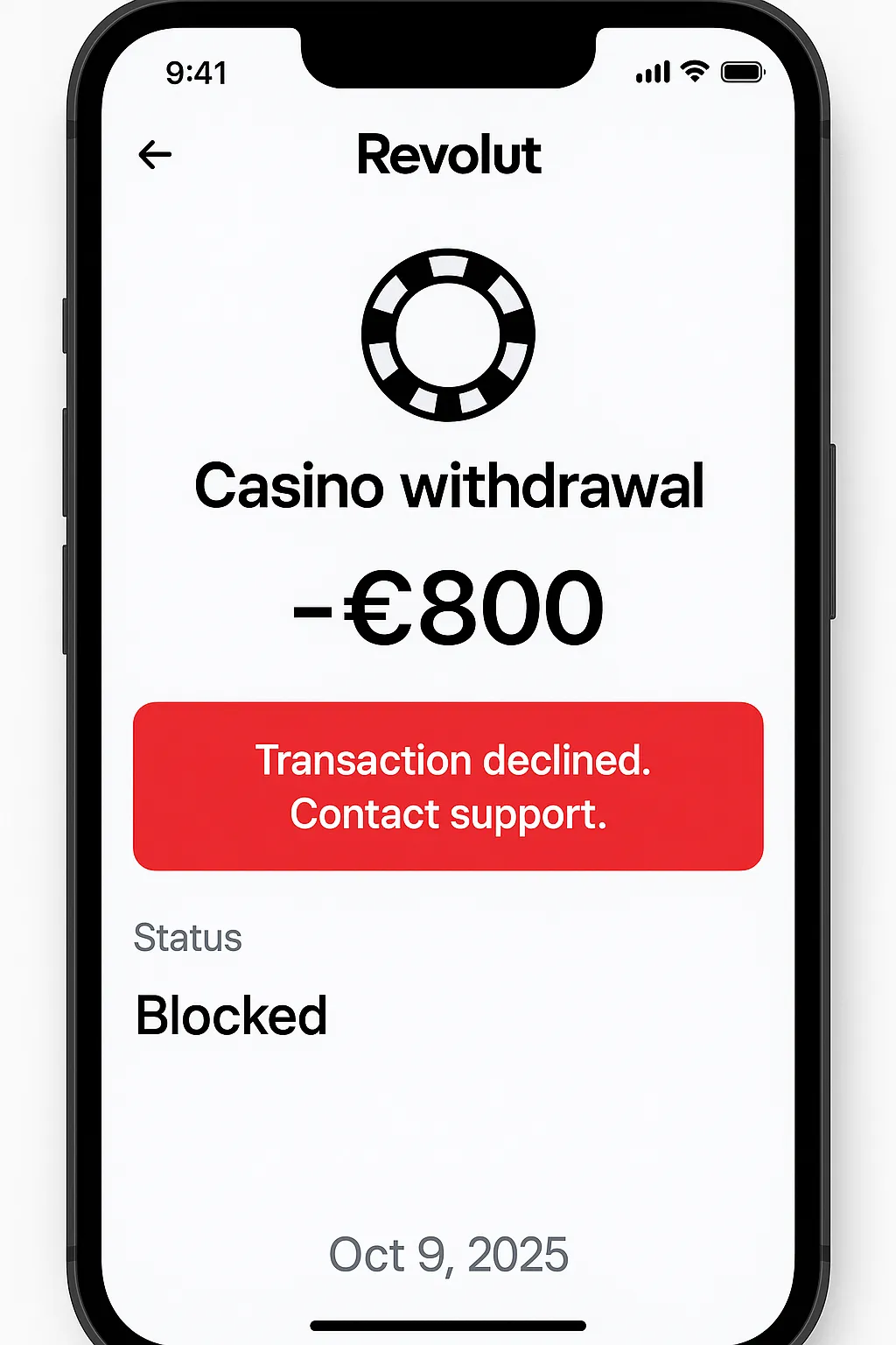 Screenshot of Revolut app showing €800 casino withdrawal blocked with contact support message