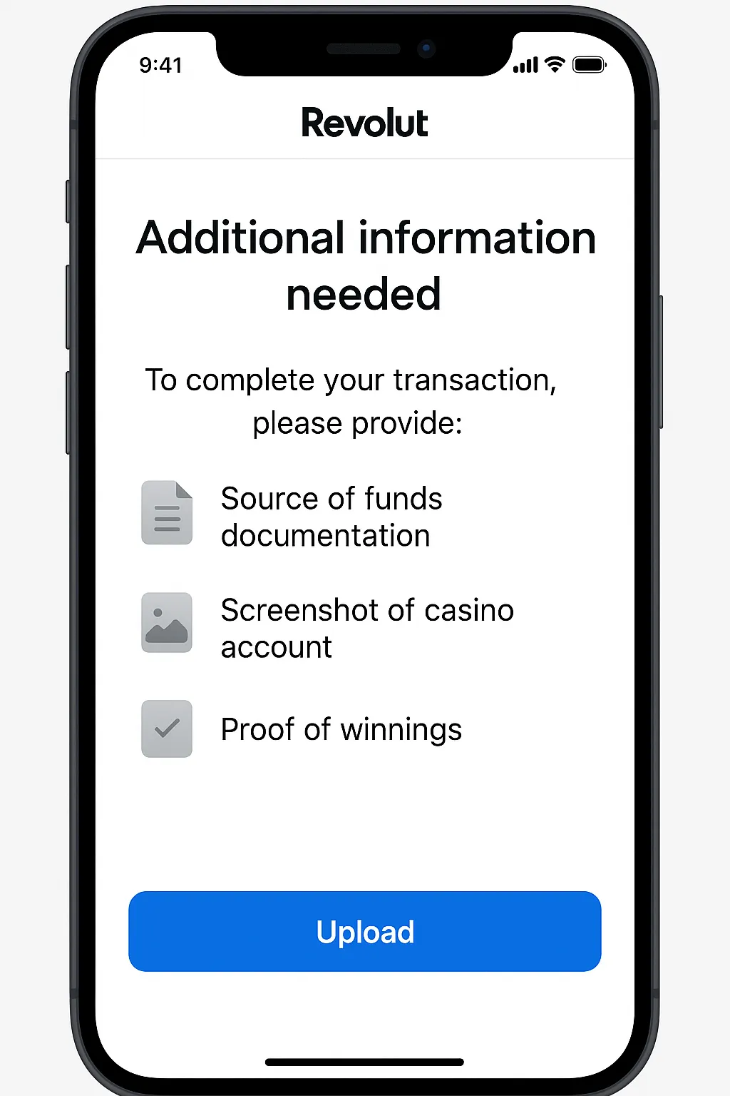 Revolut app screen requesting additional information for casino transaction verification