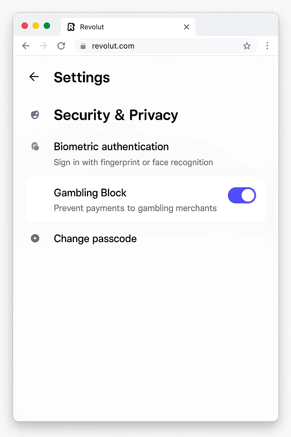 Revolut Gambling Block Setting Revolut app showing Gambling Block toggle in Security settings