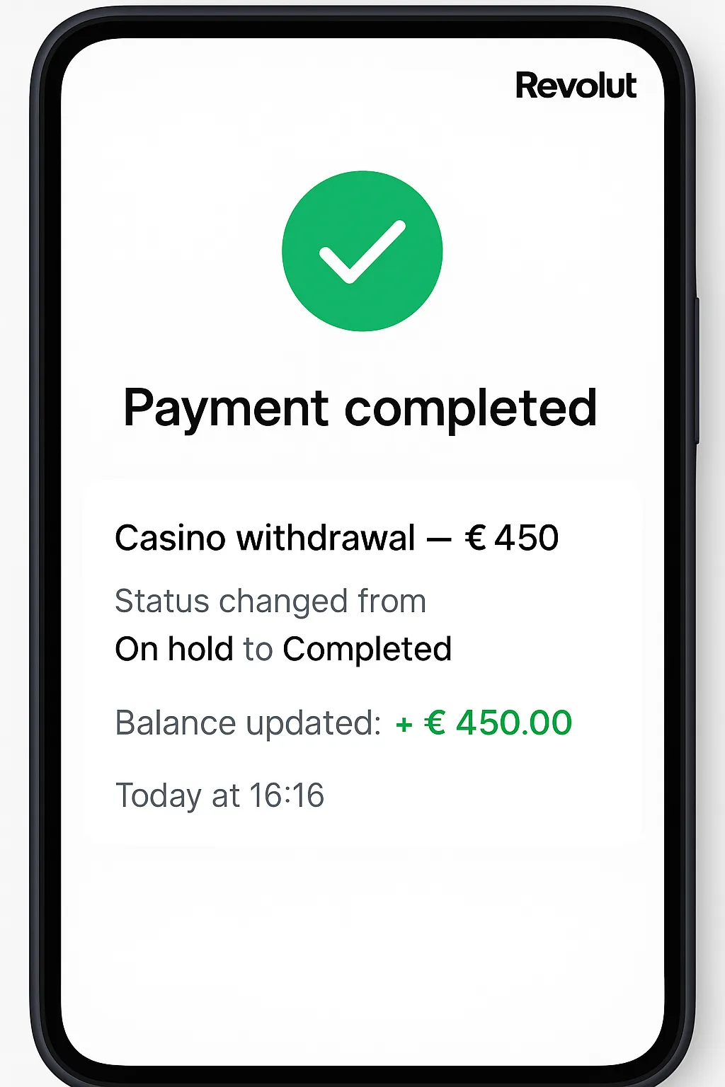Revolut app showing payment completed for casino withdrawal with balance updated