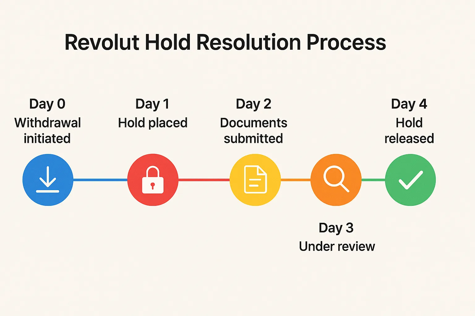 Revolut hold resolution process diagram showing timeline from withdrawal to release