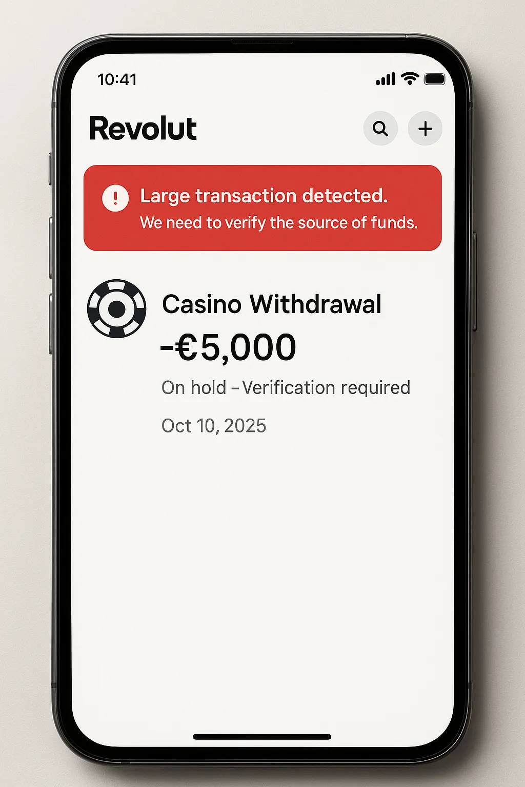Revolut app showing €5,000 casino withdrawal on hold with verification required notification
