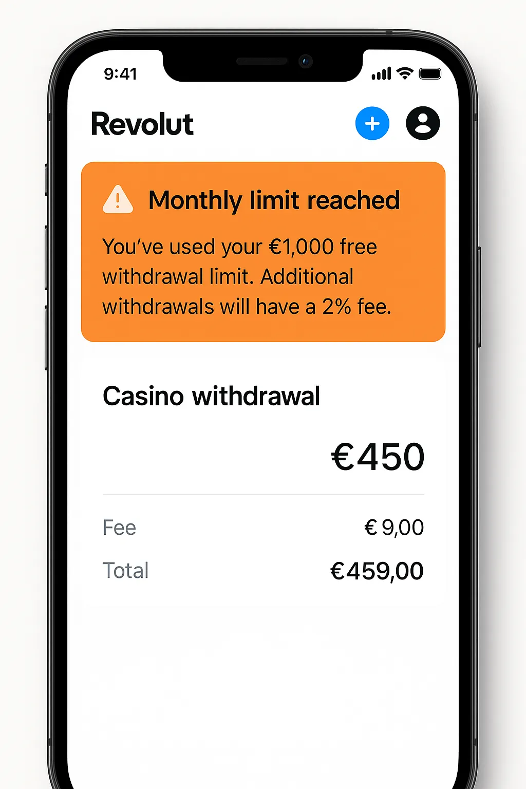 Revolut app showing monthly limit reached notification with €450 withdrawal incurring €9 fee