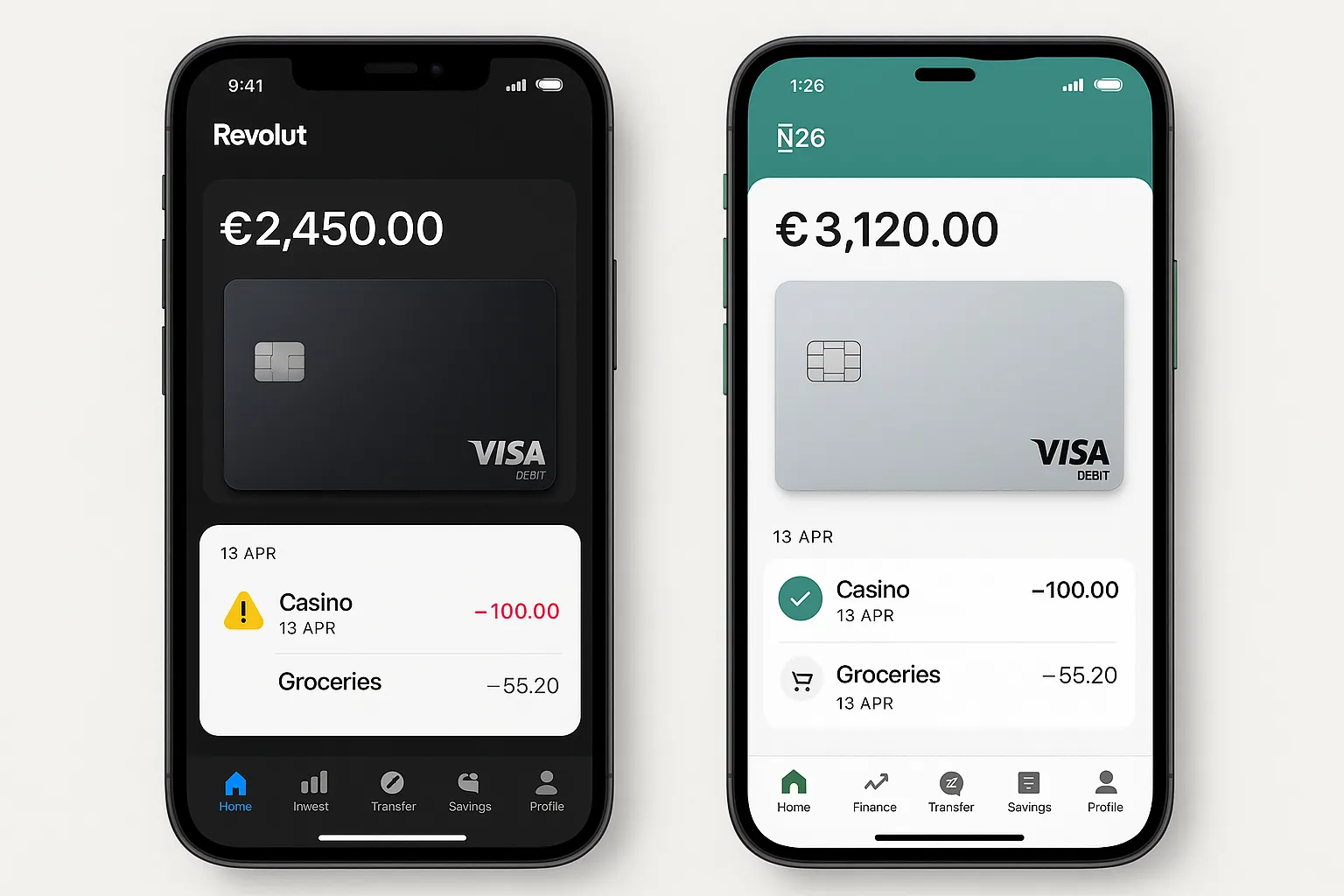Side-by-side comparison of Revolut and N26 app interfaces showing casino transactions