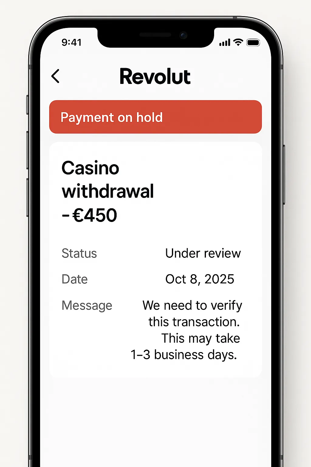 Revolut app showing casino withdrawal payment on hold with under review status