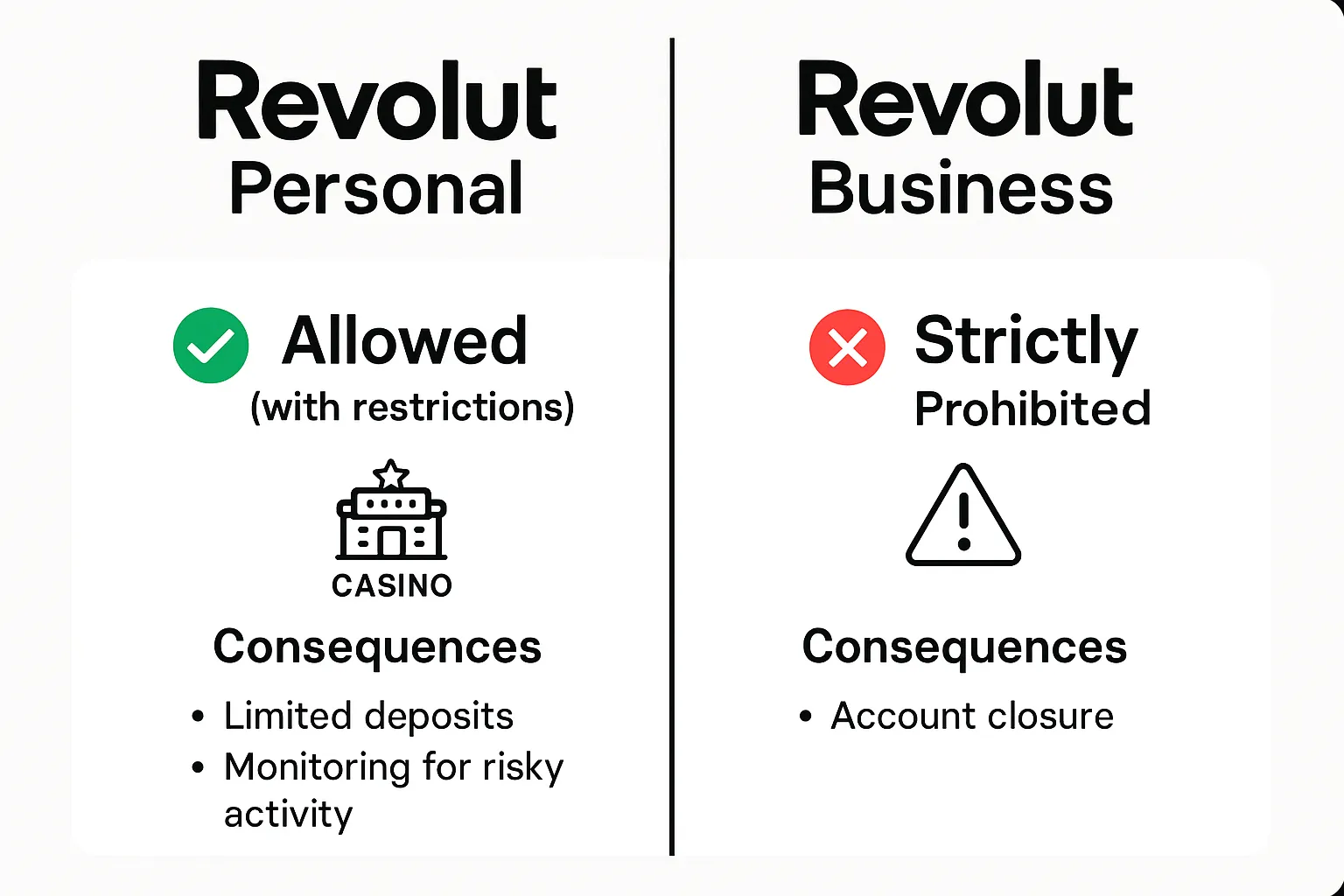 Comparison showing Revolut Personal allowed (with restrictions) vs Business strictly prohibited