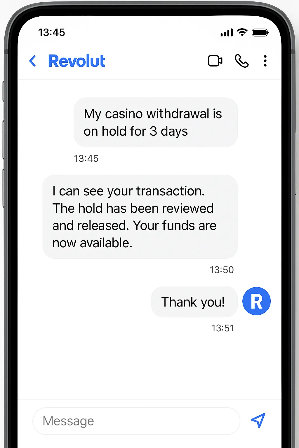 Revolut support chat showing successful resolution of casino withdrawal hold