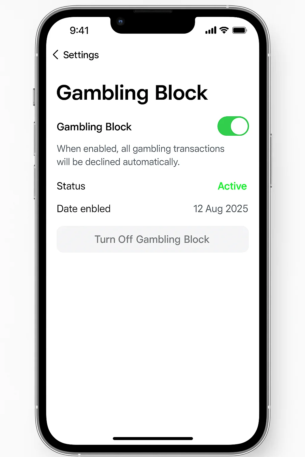 Revolut gambling block feature enabled in app settings
