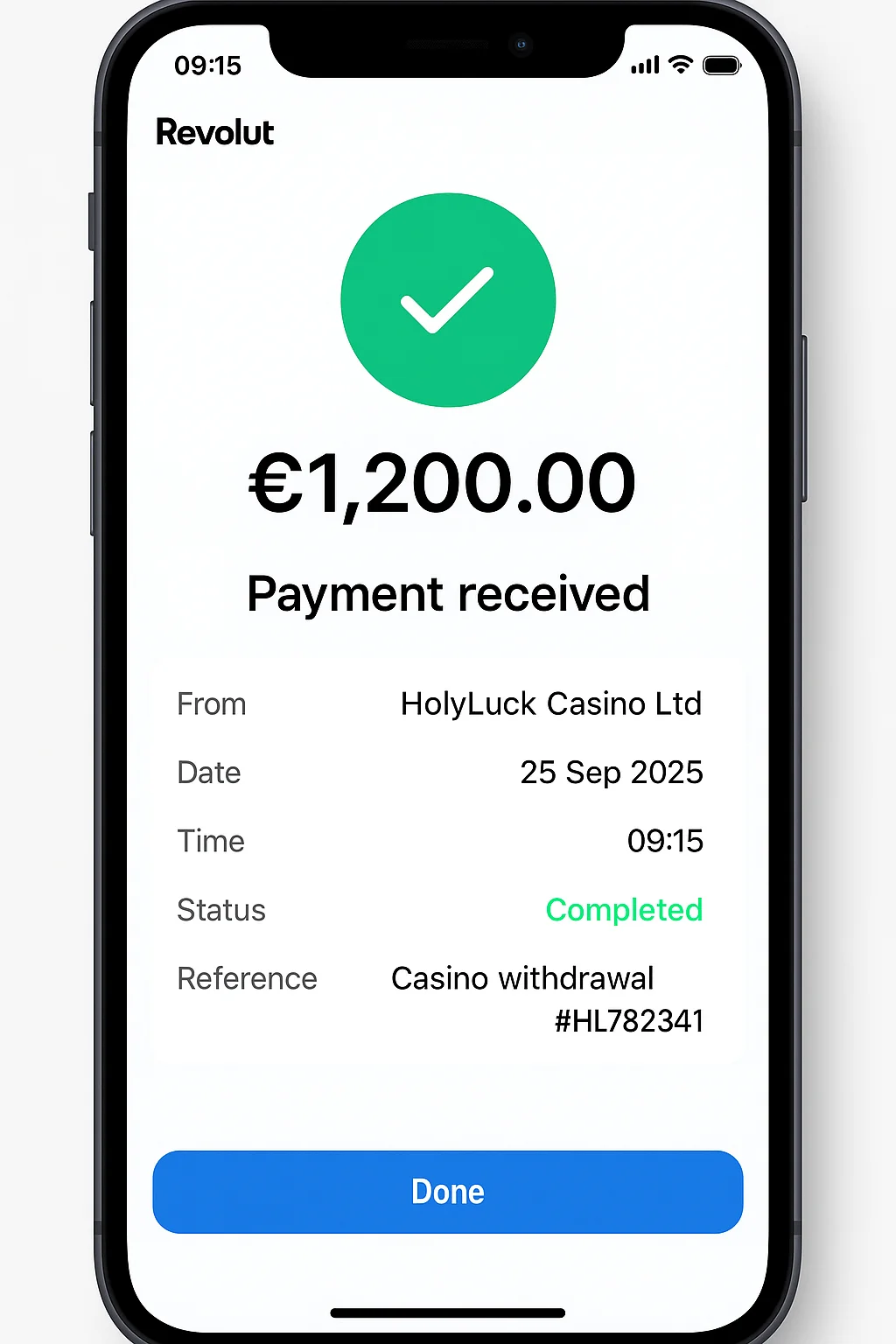 Revolut app showing €1,200 payment received from HolyLuck Casino