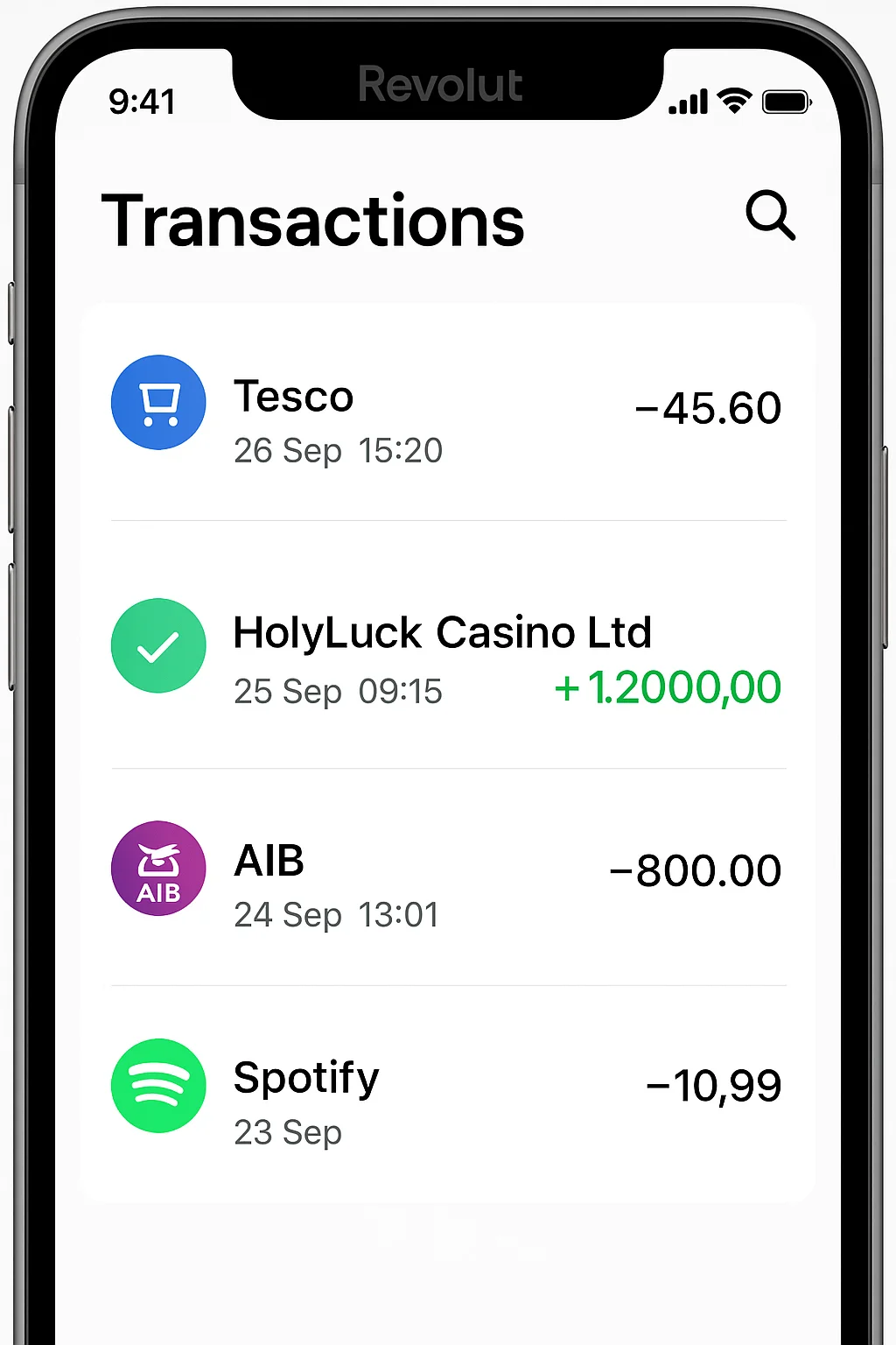 Revolut transaction history showing HolyLuck Casino withdrawal completed