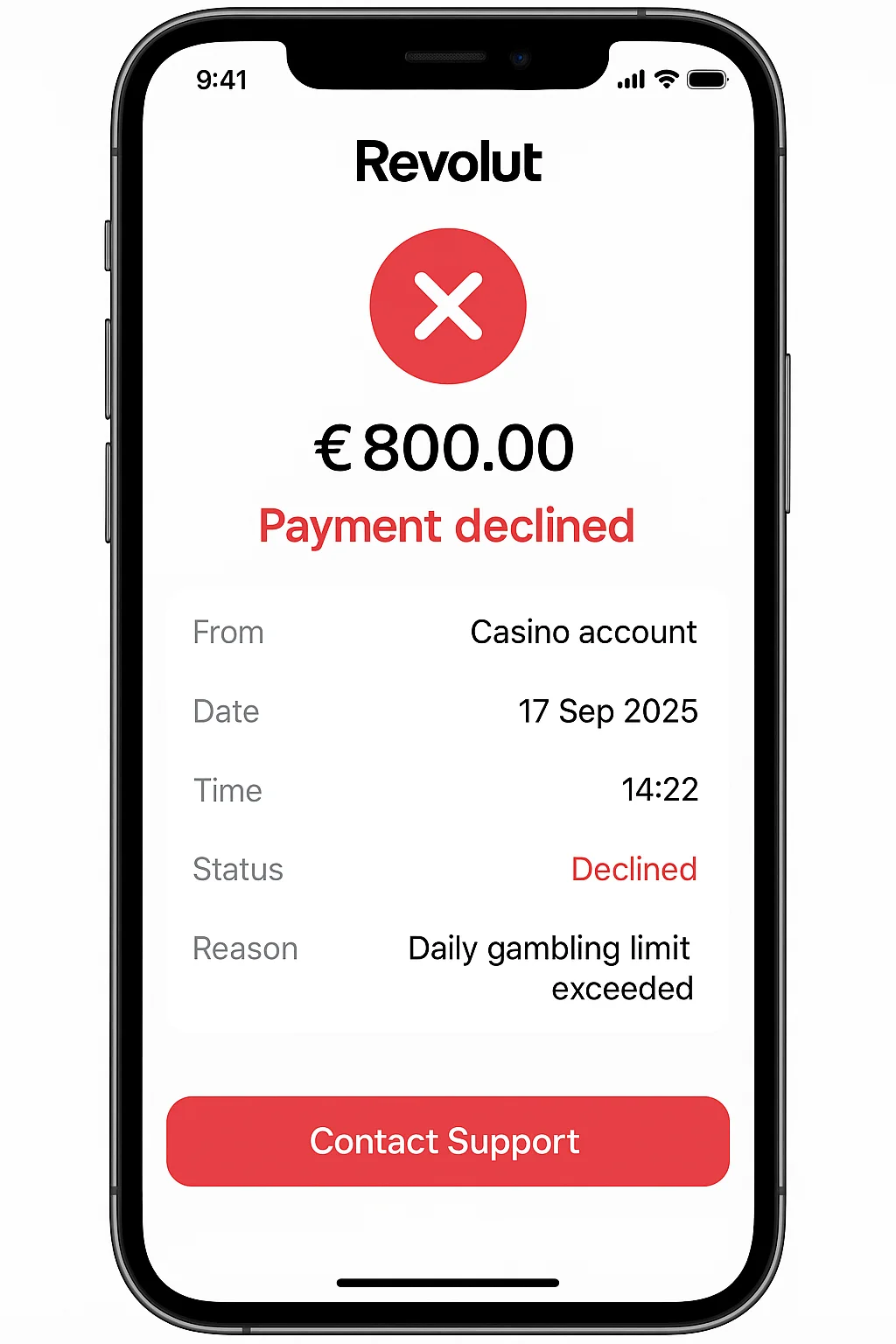 Revolut casino withdrawal declined due to daily gambling limit exceeded