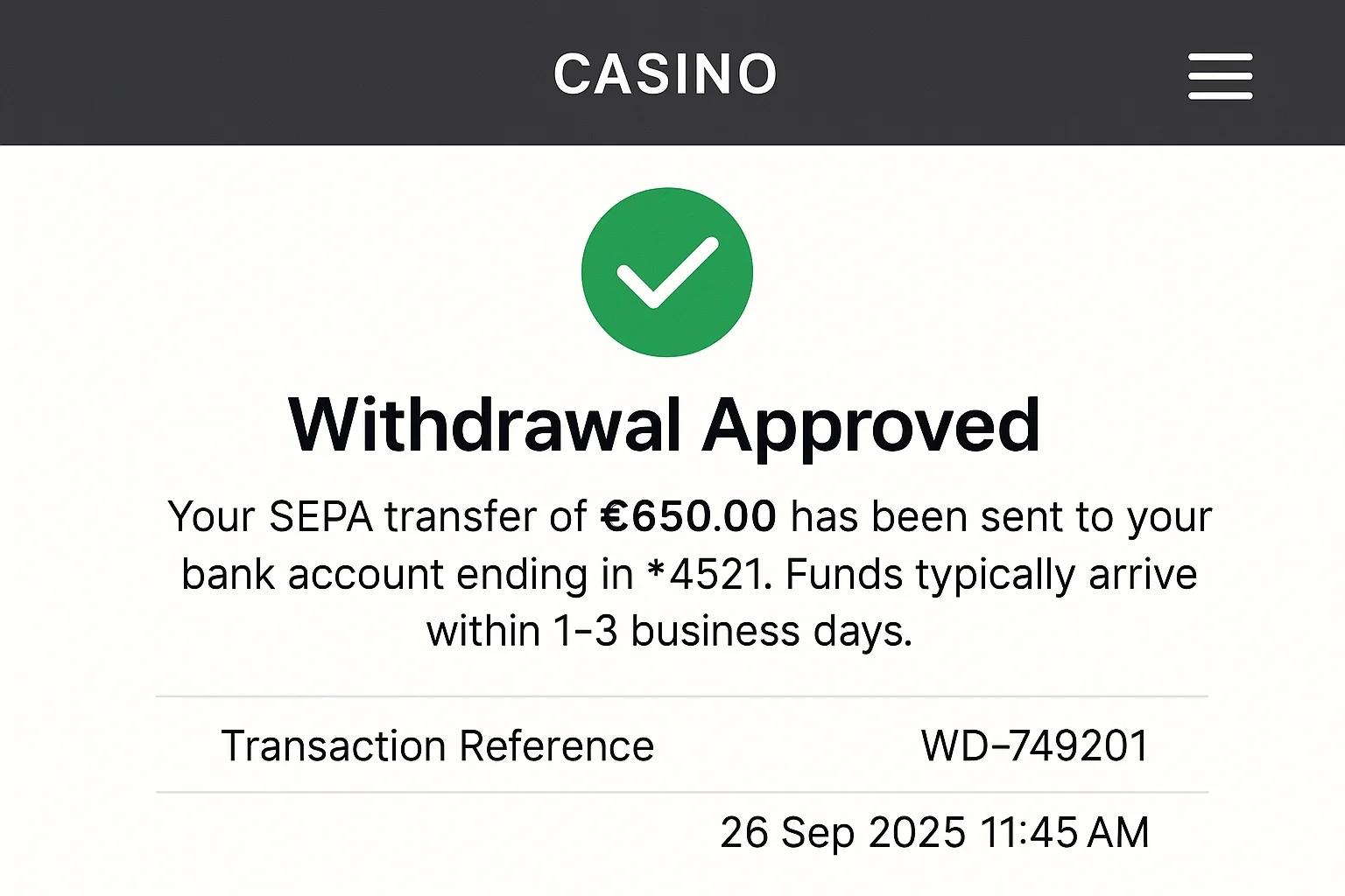 Withdrawal Approved Withdrawal approved notification with green checkmark