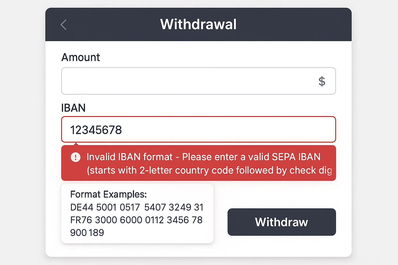 Invalid IBAN Error Error message showing invalid IBAN format