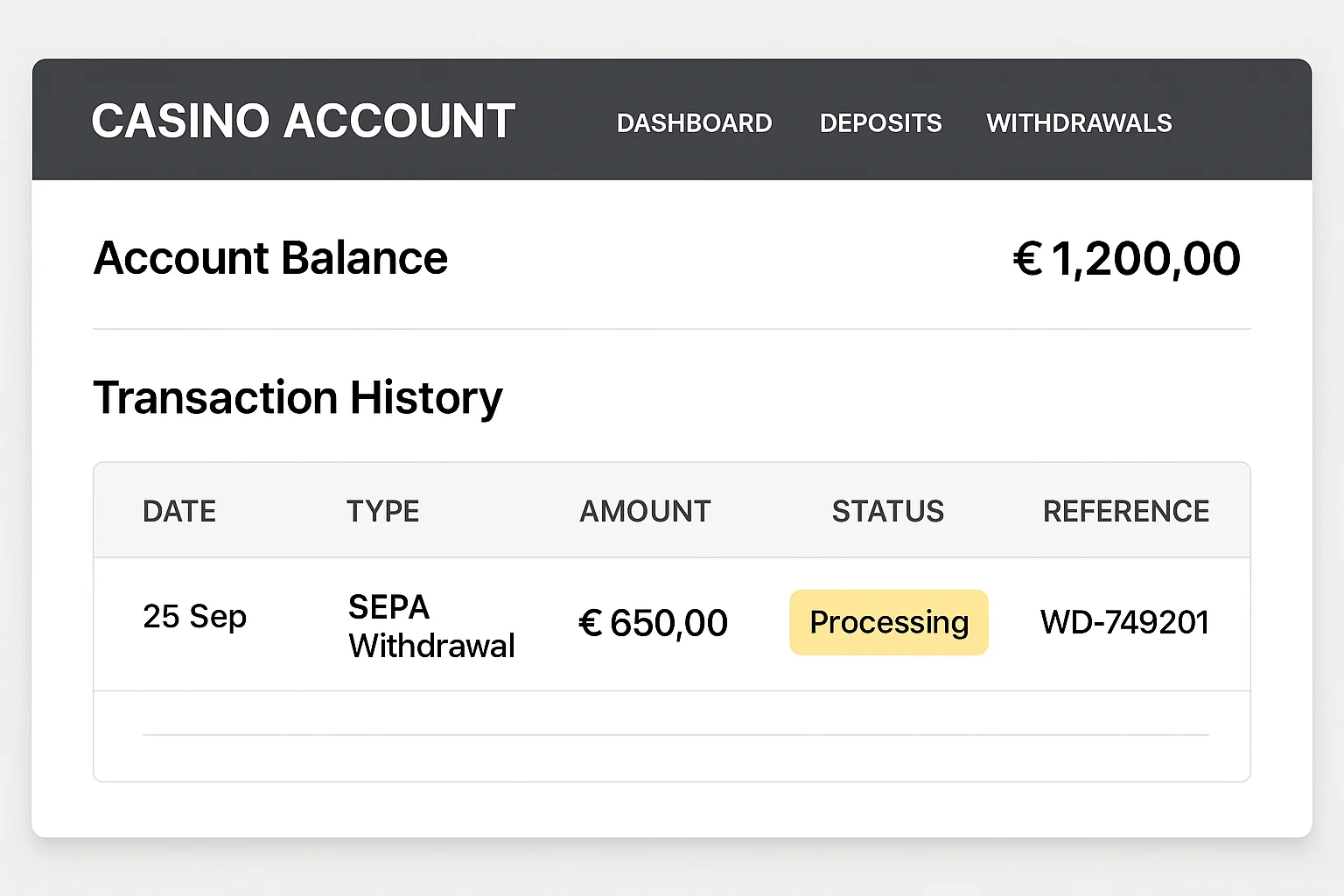 Pending SEPA Withdrawal Casino dashboard showing pending SEPA withdrawal