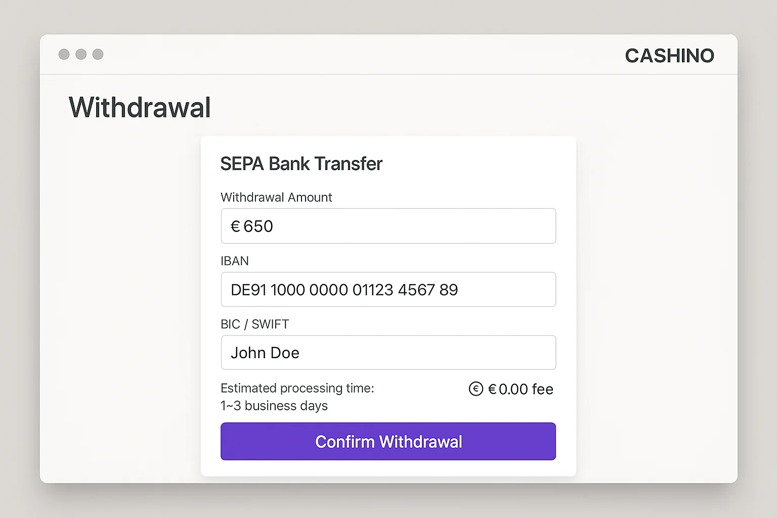 SEPA Withdrawal Form Casino withdrawal form showing SEPA bank transfer option